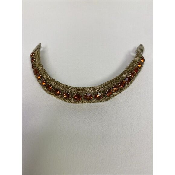 Weiss Gold Tone Mesh Amber Orange Rhinestone Necklace & Bracelet Set Vintage - Picture 3 of 16